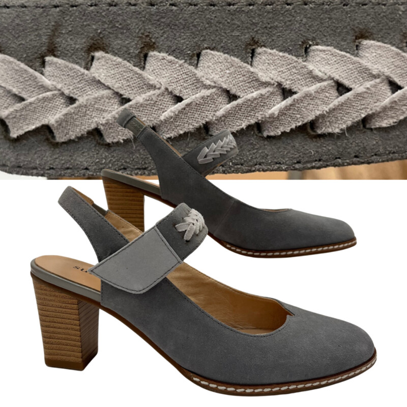 Sundance Eden Path Pumps
Woven details across adjustable strap
Almond toe
Stacked block heel
Approx 2in heel
Suede leather upper
Color: Blueish gray color with light gray accent
Size: 8.5