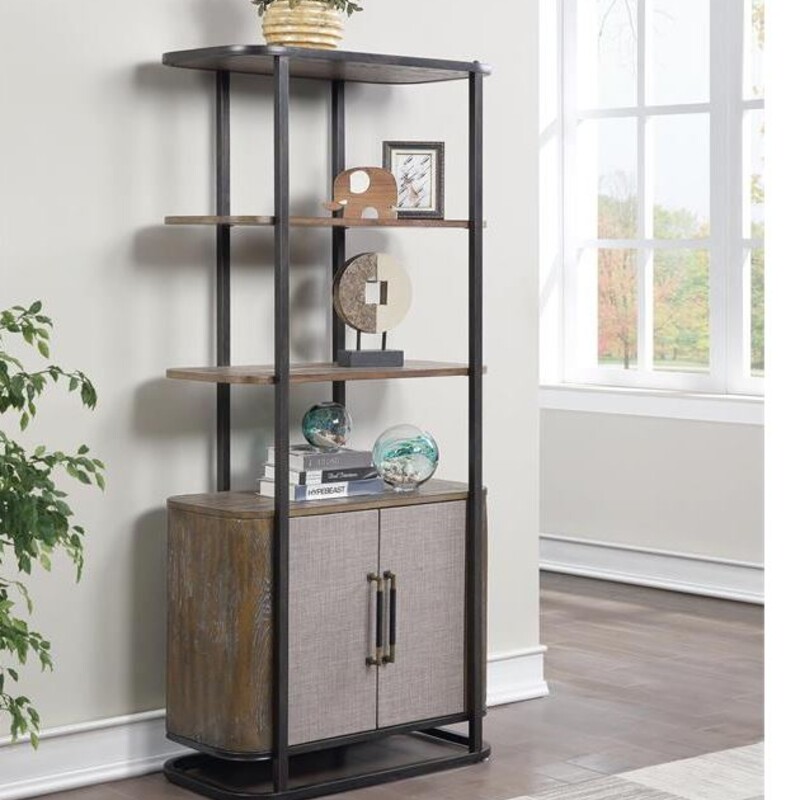 Bradenton 2 Dr Bookcase
Brown Wood Tan Grey Fabric on  Black Iron Frame
Size: 32x17x72H
Rounded Edges make this an impressive design
NEW
Retail $899+