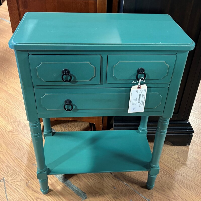 Painted Side W/Shelf, Turquoise, 3 Drawer
24in wide x 13in deep x 31in tall