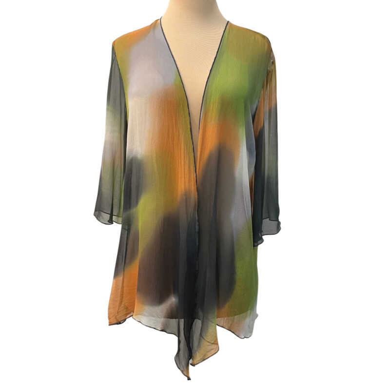 Cocoon House Open Duster<br />
100% Silk<br />
Watercolor<br />
Olive, Black, Ivory, Dijon, and Peach<br />
Size: S-M