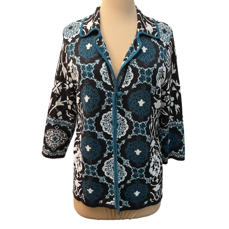 Chicos Floral Cardigan<br />
3/4 Sleeve<br />
55% Silk  45% Cotton<br />
Brown, Teal, and White<br />
Size: Medium