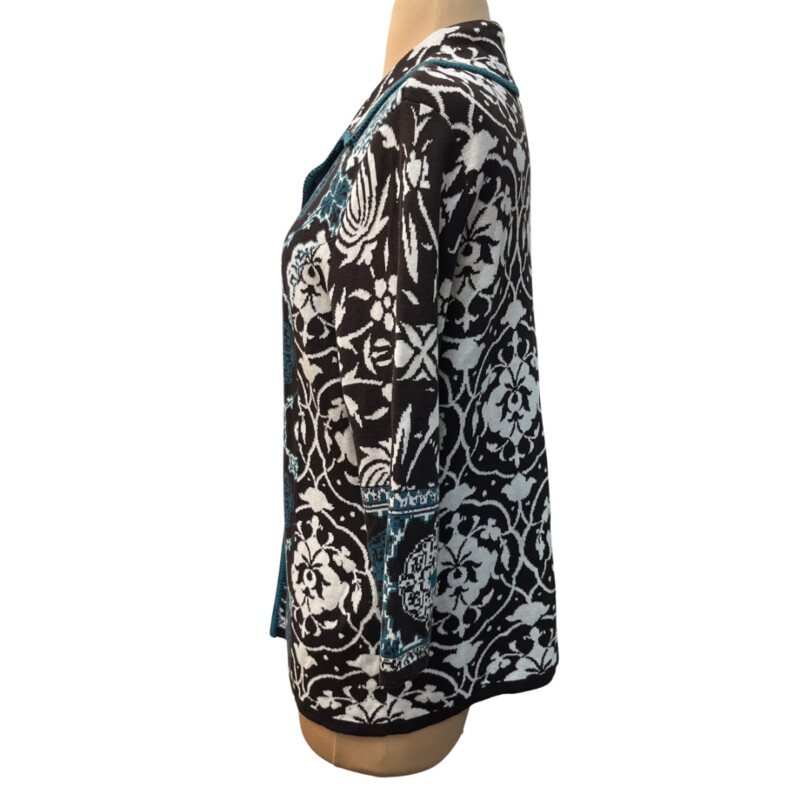 Chicos Floral Cardigan<br />
3/4 Sleeve<br />
55% Silk  45% Cotton<br />
Brown, Teal, and White<br />
Size: Medium