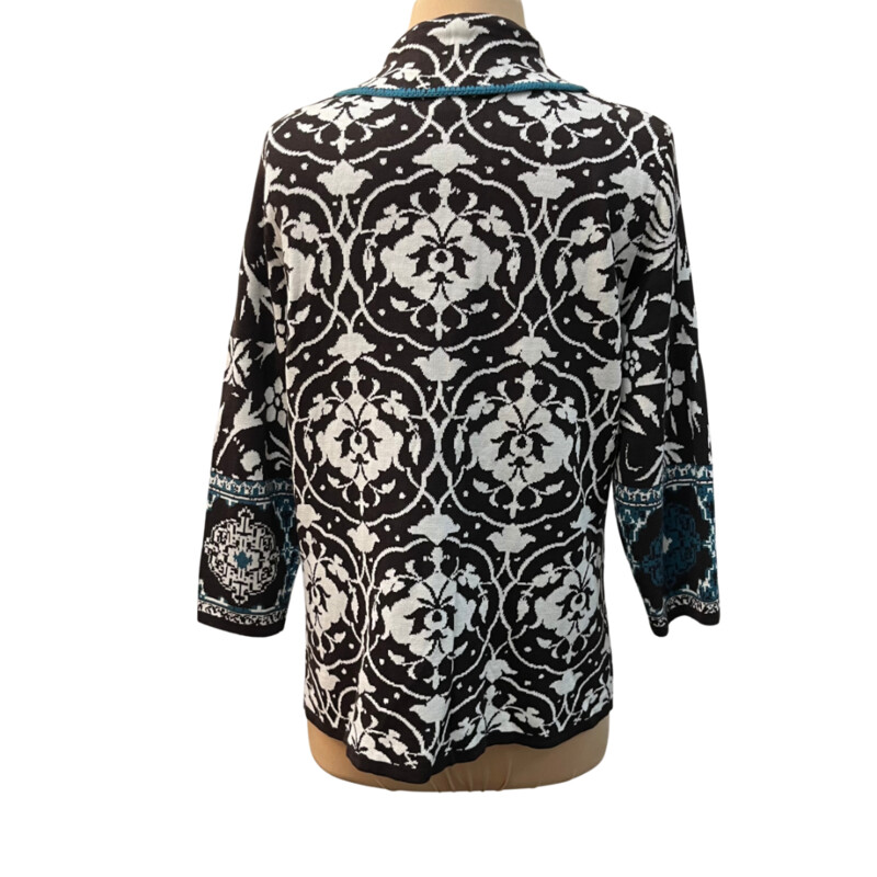 Chicos Floral Cardigan<br />
3/4 Sleeve<br />
55% Silk  45% Cotton<br />
Brown, Teal, and White<br />
Size: Medium