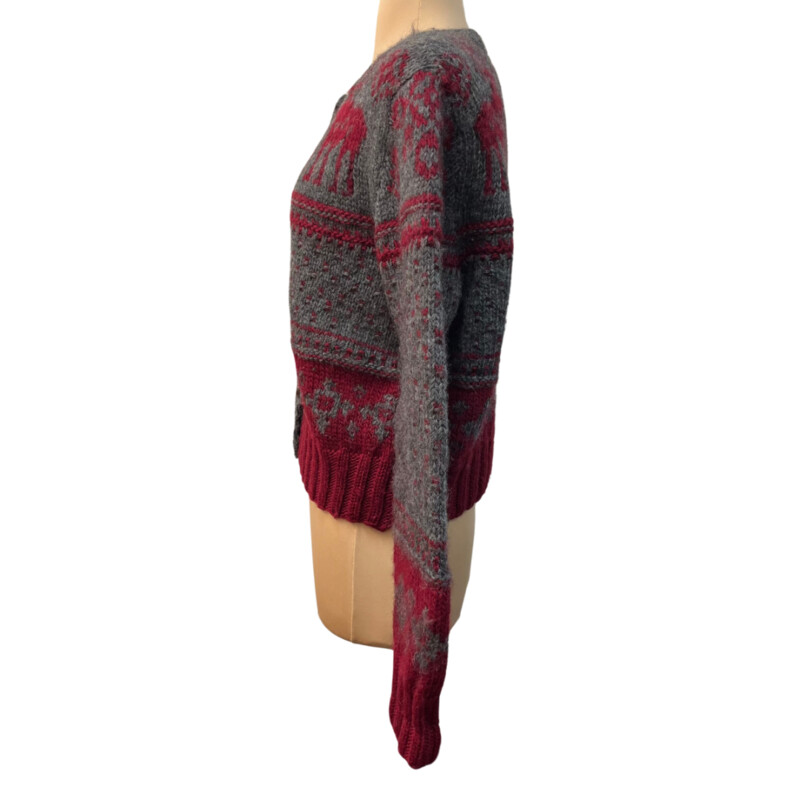 GAP 100% Wool Cardigan<br />
Fair Isle Style<br />
Moose<br />
Burgundy, and Gray<br />
Size: Medium