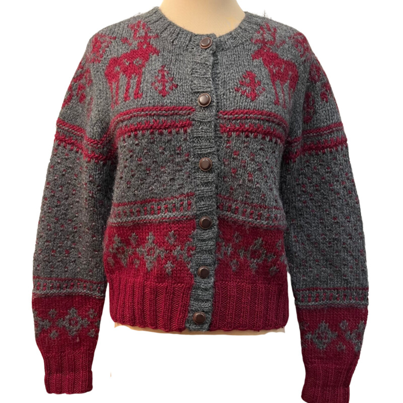 GAP 100% Wool Cardigan<br />
Fair Isle Style<br />
Moose<br />
Burgundy, and Gray<br />
Size: Medium