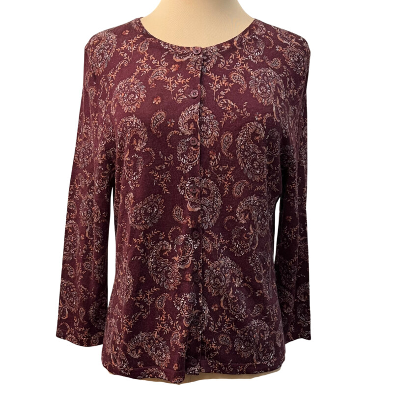 Garnet Hill Cardigan<br />
Paisley Print<br />
100% Merino Wool<br />
Colors: Burgundy, Rust, and Cream<br />
Size: Medium