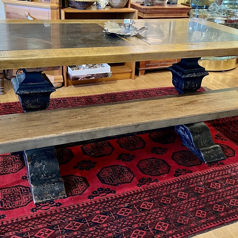 Arhaus Wilhelm Table & Bench.Table has reclaimed hardwood natural finish top surfaces, framed around blue marble insert. Ebonized distressed finish trestle base. 2-15 Inch Leaves,
Size: 72x40x30.5  (Without Leaves)