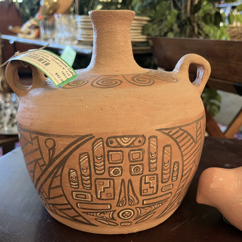 Jug Pottery Painted, TerraCotta, Size: 9 Tall