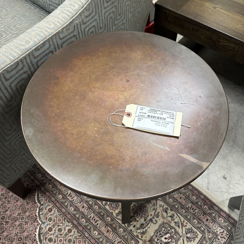 Round Crate & Barrel Side Table, Copper Top. Heavy!
Size: 22Hx18D