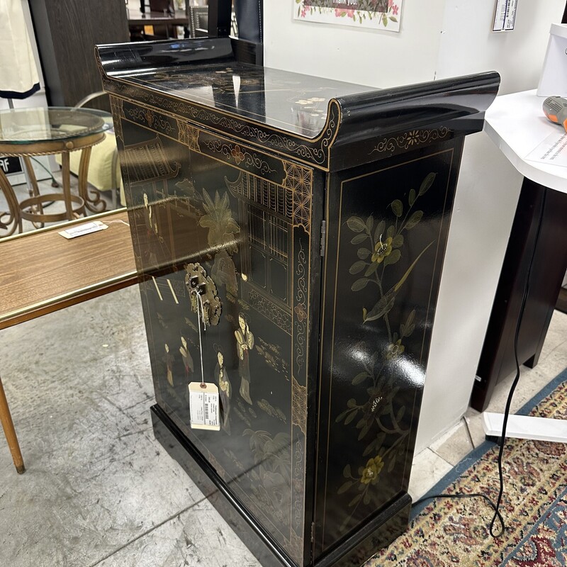 Black Lacquer Asian Cabinet, 2 Doors<br />
Size: 27x12x38