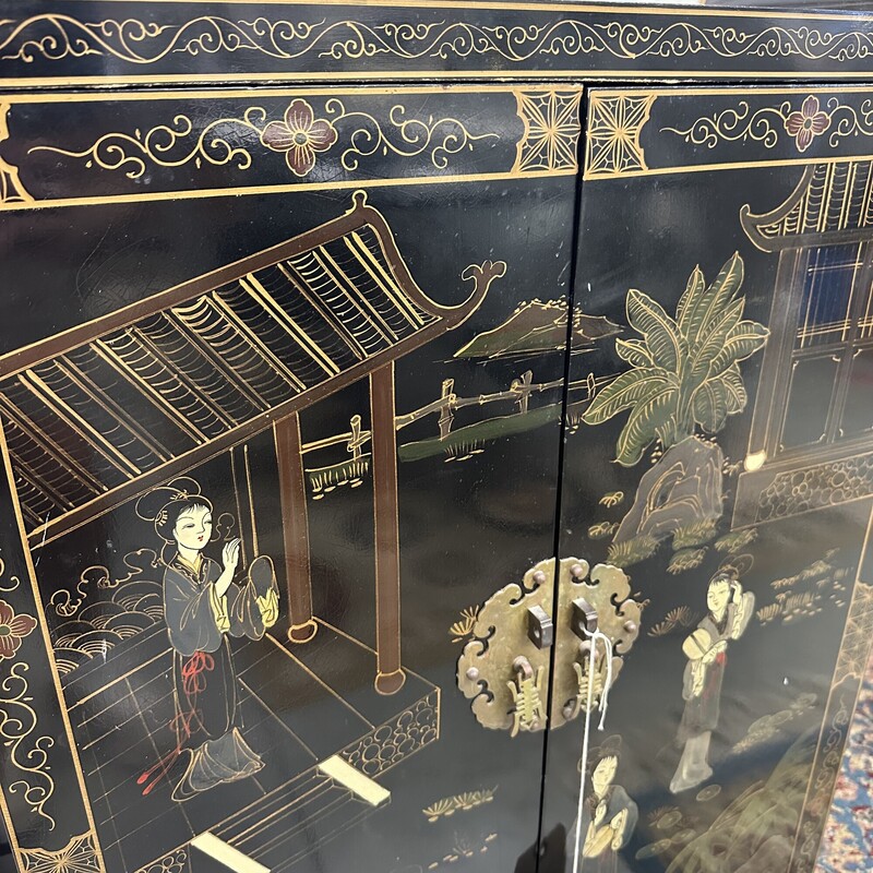 Black Lacquer Asian Cabinet, 2 Doors<br />
Size: 27x12x38