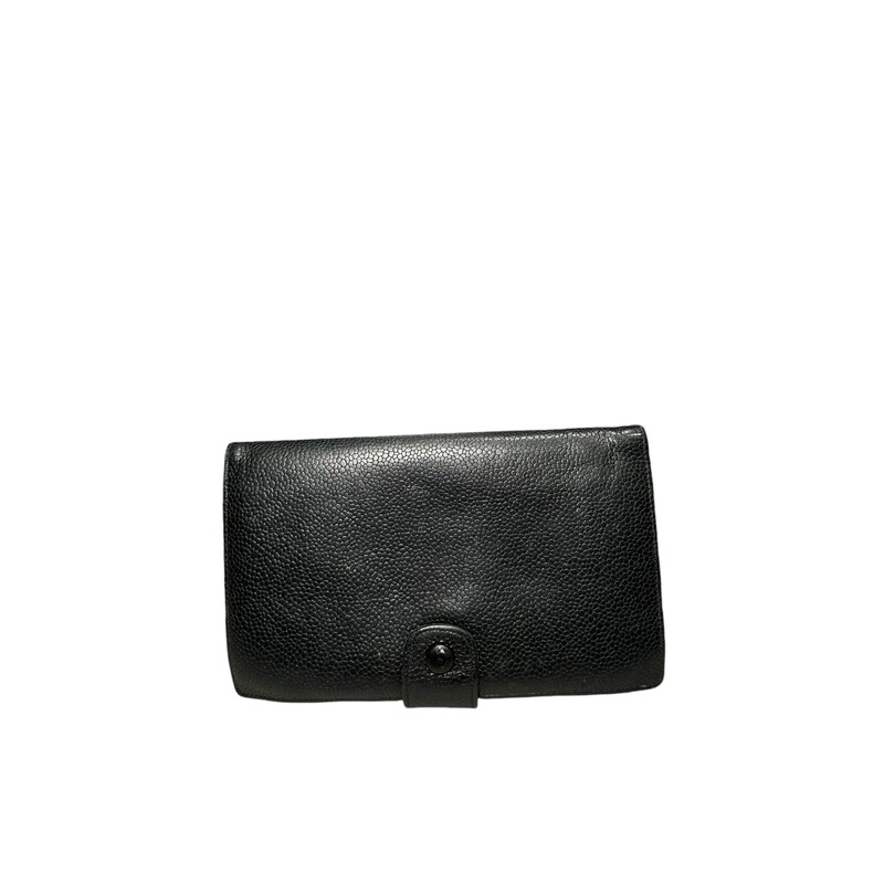 Vintage Chanel Caviar Black Long wallet<br />
Interior: 6 credit card pockets with 1 flat open pockets behind, 1 coin purse with 1 flat opened pocket behind, and 1 wide bill slot.<br />
Soe wear  and curling of coners<br />
Code: 4462581<br />
Circa 1996-1997