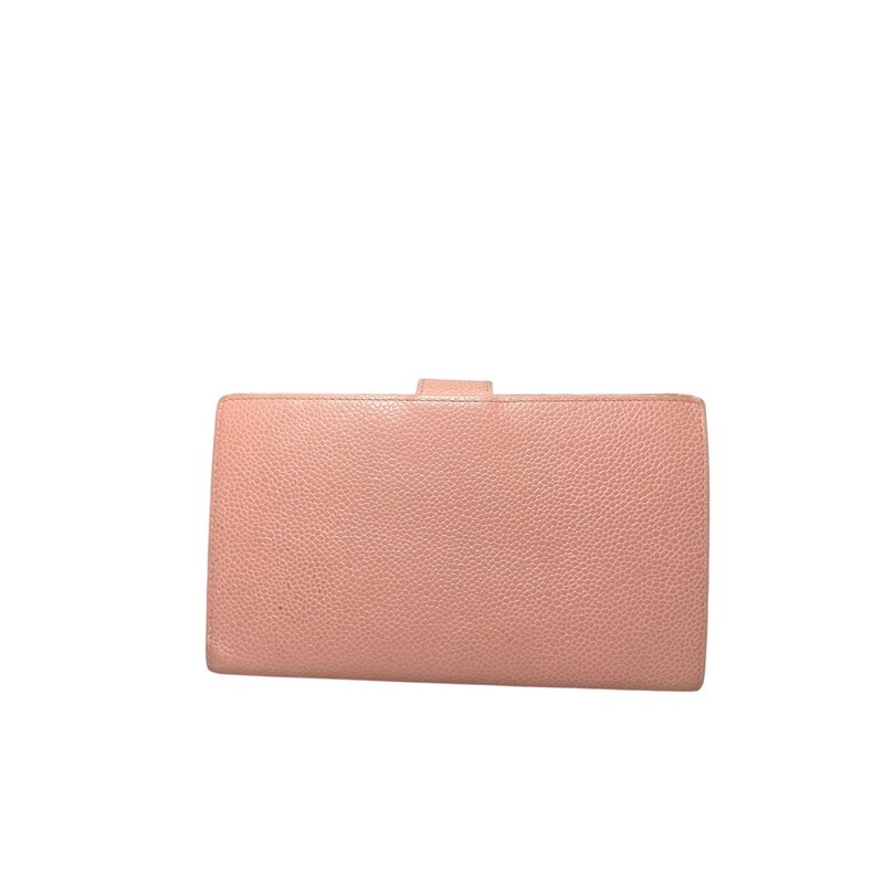 Vintage Chanel Caviar Pink Long wallet<br />
Interior: 6 credit card pockets with 1 flat open pockets behind, 1 coin purse with 1 flat opened pocket behind, and 1 wide bill slot.<br />
Some discolration and water marks inside the interior wallet