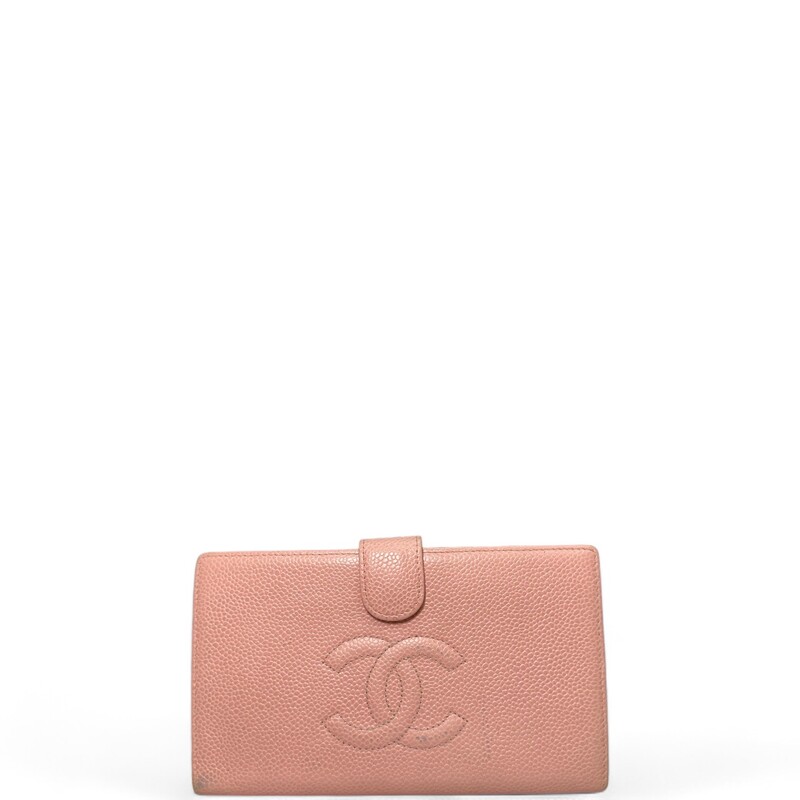 Vintage Chanel Caviar Pink Long wallet<br />
Interior: 6 credit card pockets with 1 flat open pockets behind, 1 coin purse with 1 flat opened pocket behind, and 1 wide bill slot.<br />
Some discolration and water marks inside the interior wallet