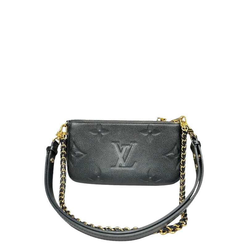 Louis Vuitton Multi Pochette Accessories<br />
<br />
Date Code: Chipped entrupy provided.<br />
<br />
Dimensions:<br />
9.8 x 5.7 x 1.8 inches<br />
(length x Height x Width)<br />
<br />
The Multi Pochette Accessoires cross-body bag in Monogram Empreinte leather allies form with function. Every part of this two-in-one bag is removable: the two pouches, the gold chain and the leather strap. The oversized Monogram embossed on the front contrasts perfectly with the classic. Monogram pattern on the side gussets.<br />
<br />
Comes with dust bag