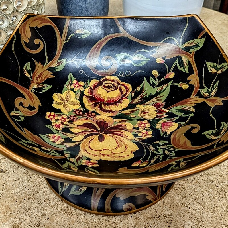 Painted Pedestal Floral Bowl
Black Gold Red Green
Size: 13.5 x 6.5H