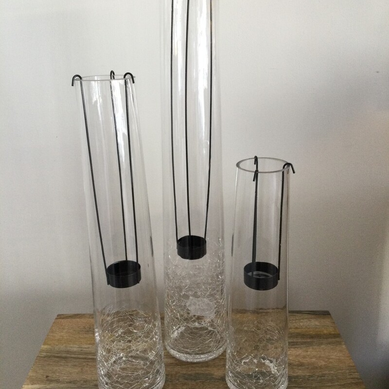 Crackle Glass Candle Holder Set of 3,
Glass/Black,
Size: 4 X 20 In