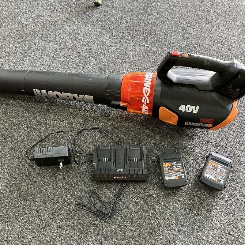 40V Blower, Worx,  WG584

includes two 20V 2.0Ah power share batteries and charger