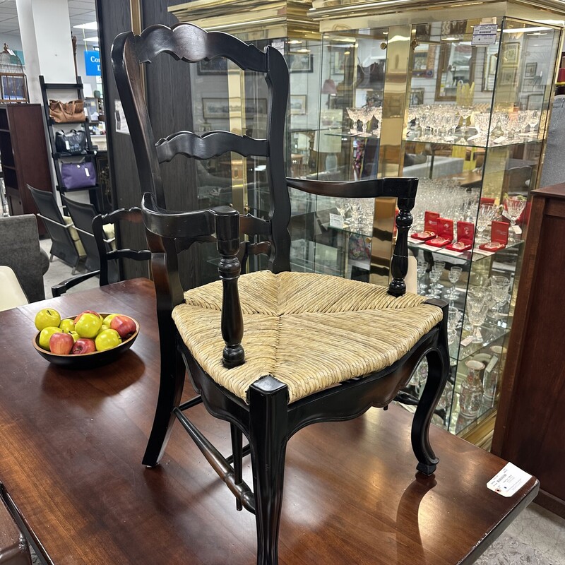 Rush Seat Wood Chairs, sold as a SET of 6. Black painted with rush seats in great condition! Includes four side chairs and two arm chairs.