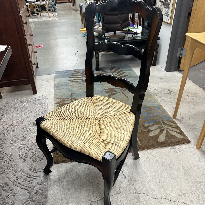 Rush Seat Wood Chairs, sold as a SET of 6. Black painted with rush seats in great condition! Includes four side chairs and two arm chairs.