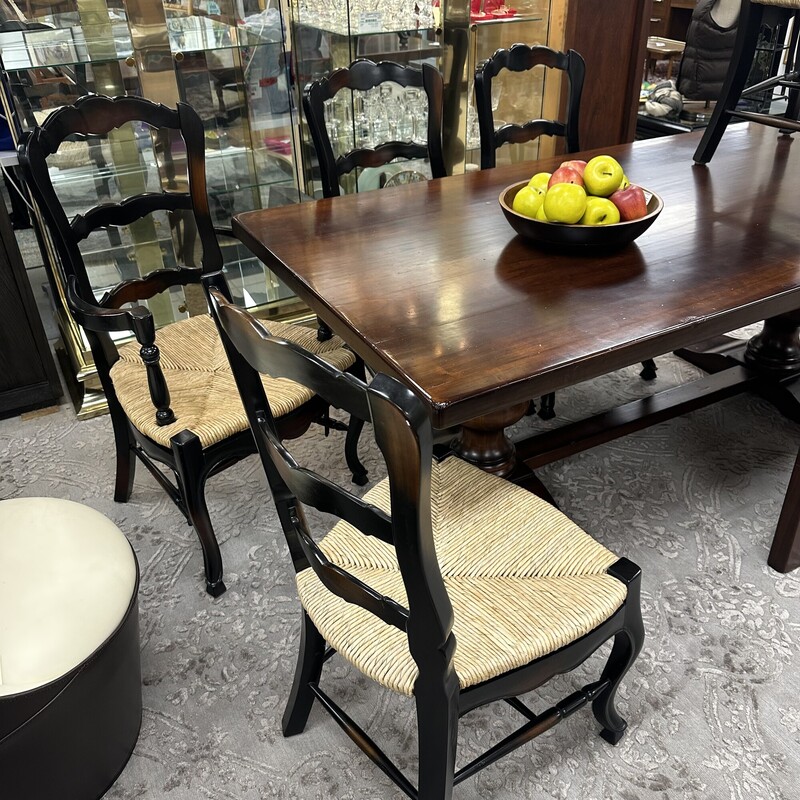 Rush Seat Wood Chairs, sold as a SET of 6. Black painted with rush seats in great condition! Includes four side chairs and two arm chairs.