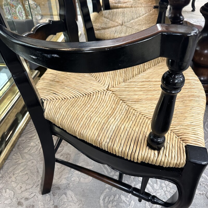 Rush Seat Wood Chairs, sold as a SET of 6. Black painted with rush seats in great condition! Includes four side chairs and two arm chairs.