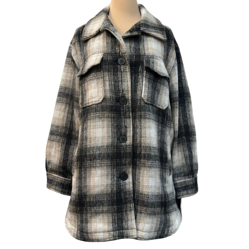 Sebby Plaid Shacket<br />
Lined<br />
Wool Blend<br />
White, Gray, Black, and Beige<br />
Size: XL