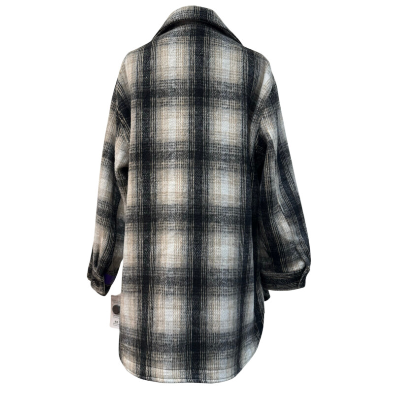 Sebby Plaid Shacket<br />
Lined<br />
Wool Blend<br />
White, Gray, Black, and Beige<br />
Size: XL