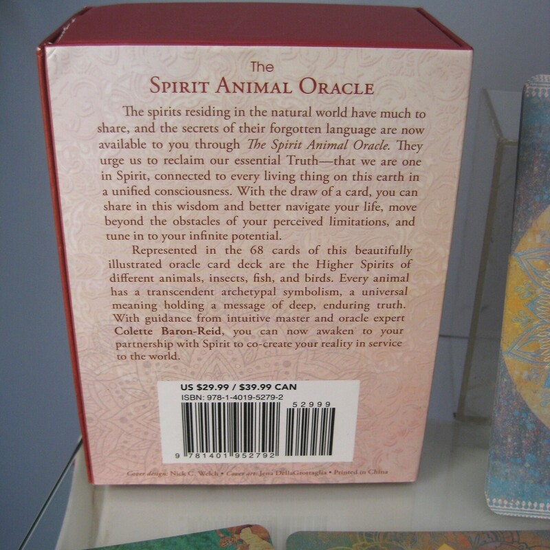 Animal Spirit Oracle Card, Pink, Size: None<br />
Deck of oracle cards, and guide book in a sturdy magnetized box.<br />
The art work in this deck is absolutely exquisite and Carol Barton Reed is a very popular card developer.<br />
<br />
This set is complete and in perfect condition, except that one edge of the box has a little ding.  you can see it in the photo of the back of the box.<br />
I only showed a sample of the cards, but they are all equally beautiful<br />
<br />
Thanks for looking!<br />
#79366