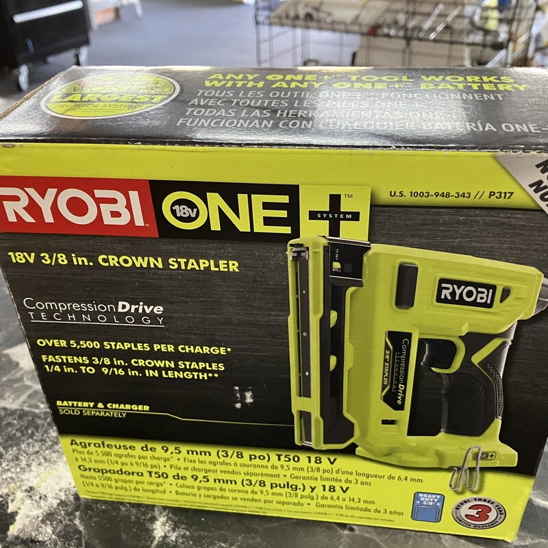 Crown Stapler, Ryobi, ONE+ 18V Compression Drive Cordless 3/8 in. Crown Stapler (tool only)

NEW SEALED BOX