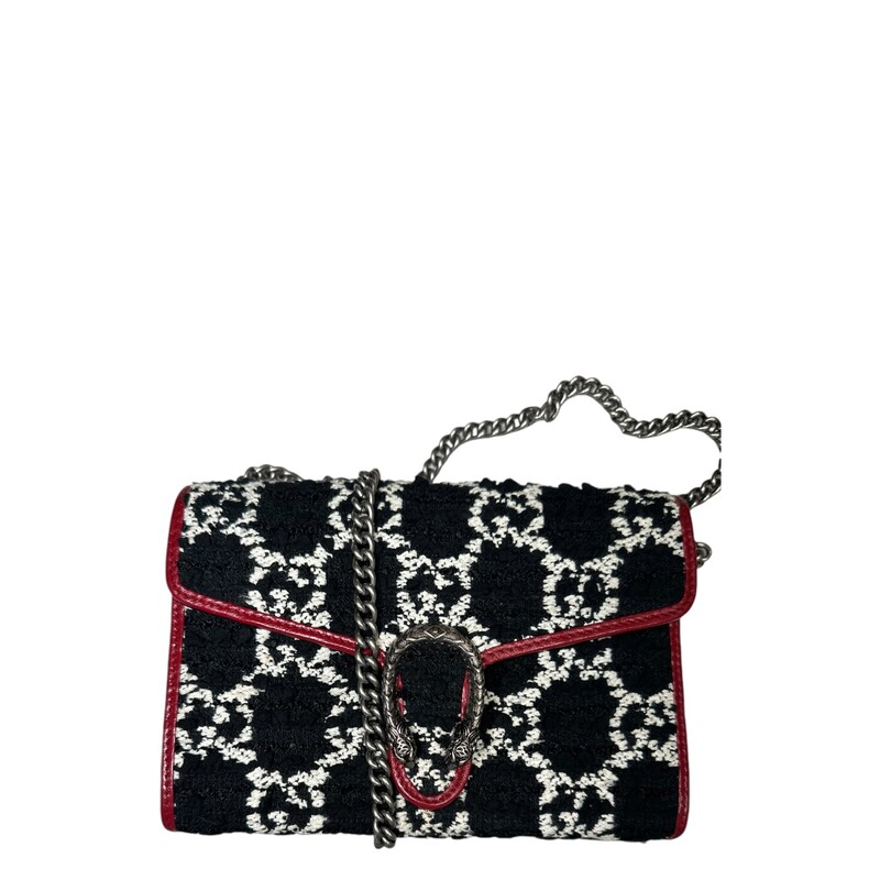 Gucci Dionysus WOC Tweed, Black, Size: Mini<br />
<br />
Date Code:<br />
401231 493075<br />
<br />
Dimensions:<br />
Width:8 in<br />
Height:5 in<br />
Depth:2.3 in