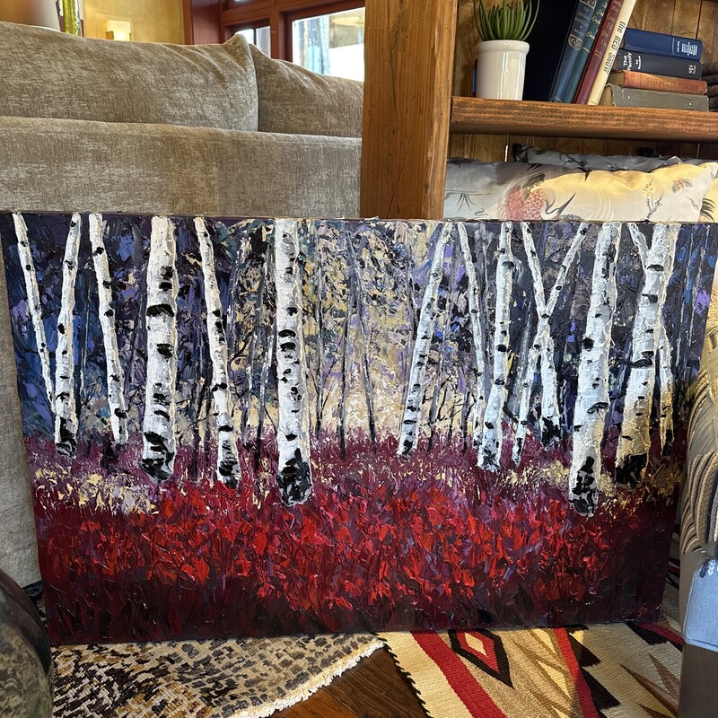 Red Twig Forest by Local Artist Sandie Davis

Size: 24x36

Sandie Davis has lived and worked in the Truckee/North Shore area for over 40 years. She only recently discovered the creative magic of painting. As a volunteer graphic designer she found a love for colors that began to find expression in painting wildly with acrylics. That finally got harnessed into painting lessons starting in 2022, opening up the world of lights, darks, patterns and the brilliance of God’s earth. When she picks up the palette knife she is excited and nervous to see what will appear! She is also a local musician, accompanying the Truckee Tahoe Community Chorus, playing piano for schools, community theater and churches in Truckee.