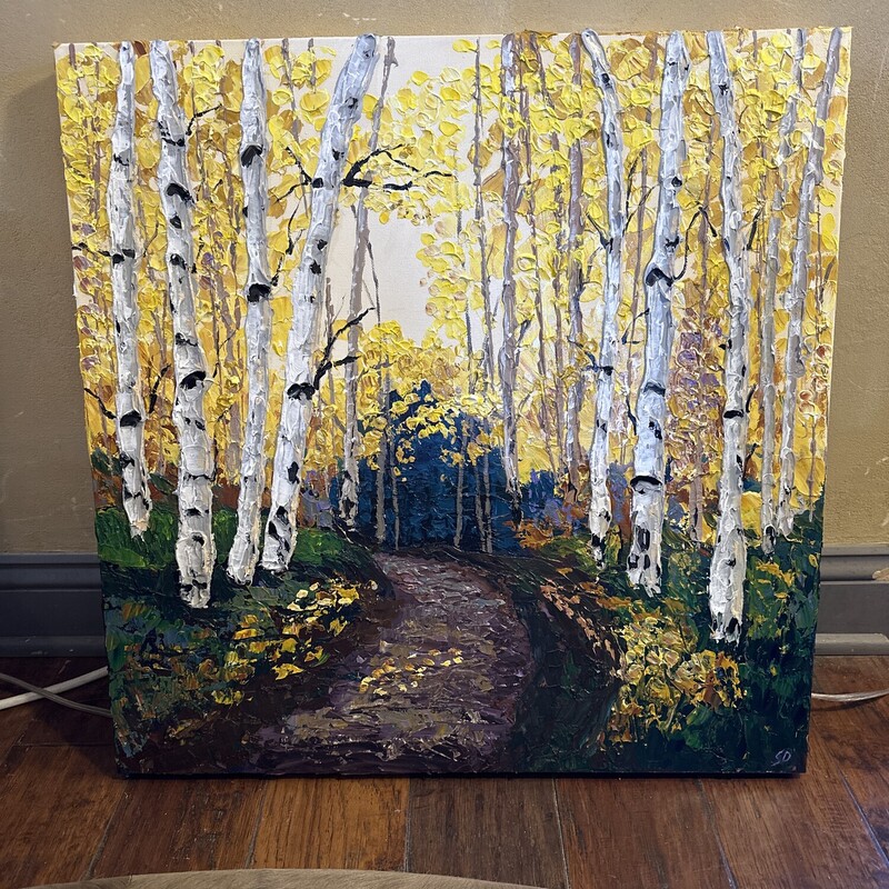 Autumn Path by Local Artist Sandie Davis

Size: 24x24

Sandie Davis has lived and worked in the Truckee/North Shore area for over 40 years. She only recently discovered the creative magic of painting. As a volunteer graphic designer she found a love for colors that began to find expression in painting wildly with acrylics. That finally got harnessed into painting lessons starting in 2022, opening up the world of lights, darks, patterns and the brilliance of God’s earth. When she picks up the palette knife she is excited and nervous to see what will appear! She is also a local musician, accompanying the Truckee Tahoe Community Chorus, playing piano for schools, community theater and churches in Truckee.