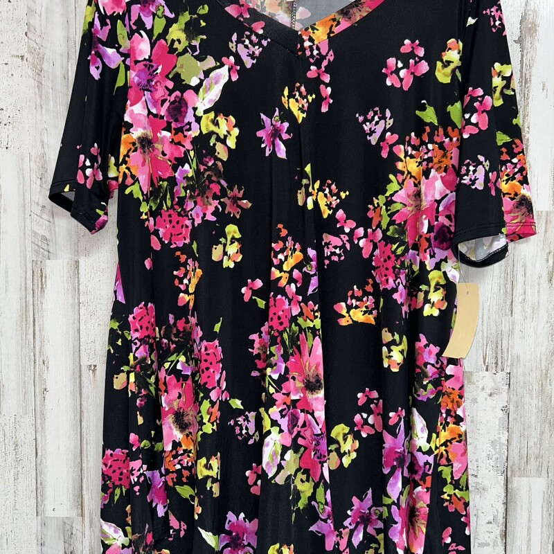 2X Black Floral Print Top, Black, Size: Ladies 2X