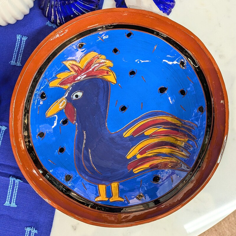 Artisan Redware Rooster Bowl
Red Blue Yellow
Size: 12Diam