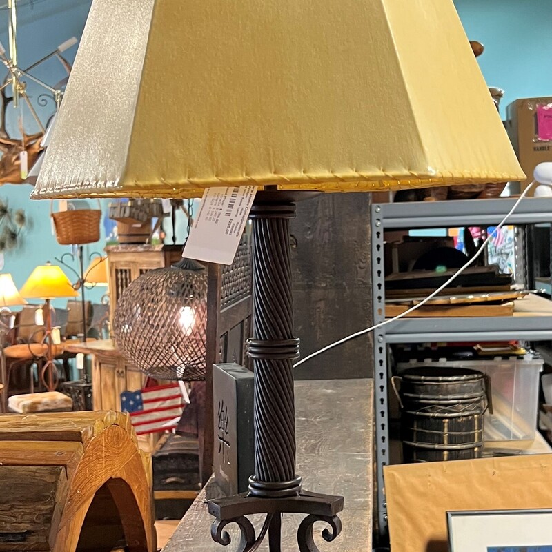 Forged Iron Table Lamp, Hide, Shade, 30in tall