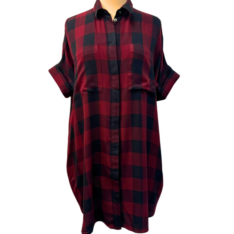 Madewell Shirt Dress<br />
Buffalo Plaid<br />
With Pockets<br />
Short Sleeve and Collared<br />
Burgandy and Black<br />
100% Viscose<br />
Size: Medium