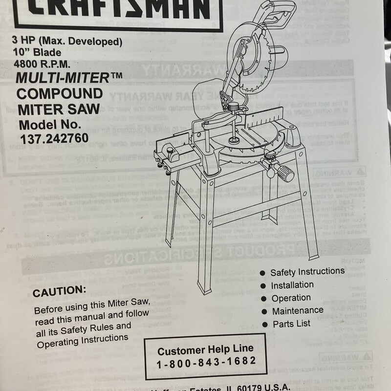 Compound Miter Saw, Size:10in Craftsman
with stand
137.242760