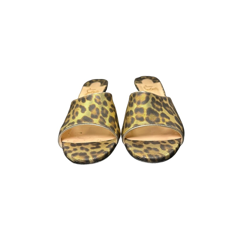 Christian Louboutin East 55mm metallic gold leopard-print leather mules<br />
2.2 kitten heel.<br />
Open toe.<br />
Wide band upper.<br />
Slide style.<br />
Signature Louboutin red leather sole.<br />
Made in Italy<br />
 Comes with dust bag