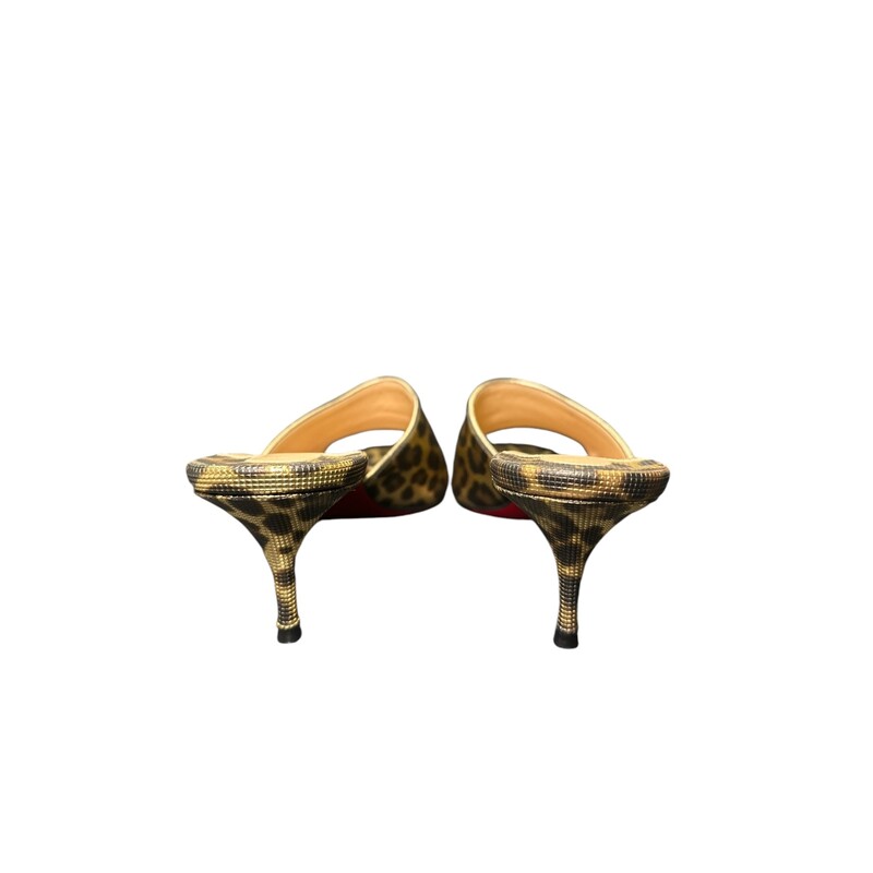 Christian Louboutin East 55mm metallic gold leopard-print leather mules<br />
2.2 kitten heel.<br />
Open toe.<br />
Wide band upper.<br />
Slide style.<br />
Signature Louboutin red leather sole.<br />
Made in Italy<br />
 Comes with dust bag