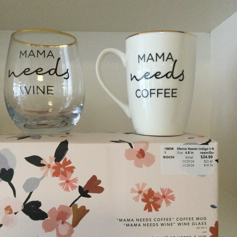 Mama Needs Indigo Wine Glass & Mug Set,
Cream/Gold/Black,
Size: 4.5 In