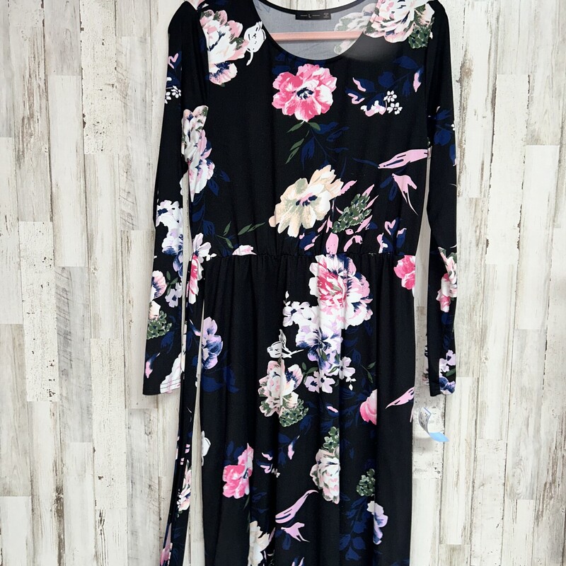 L Black Floral Print Dres