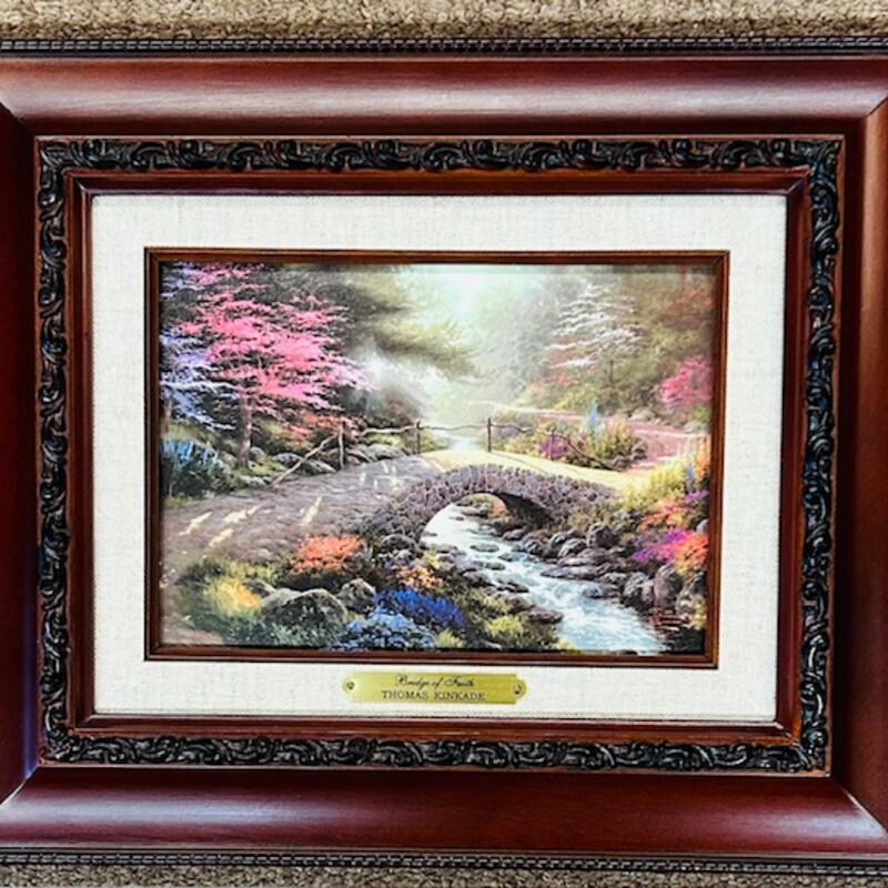 Thomas Kinkade Bridge Of Faith
Brown/Red Framing
Multicolor painting
 Size: 12x10H