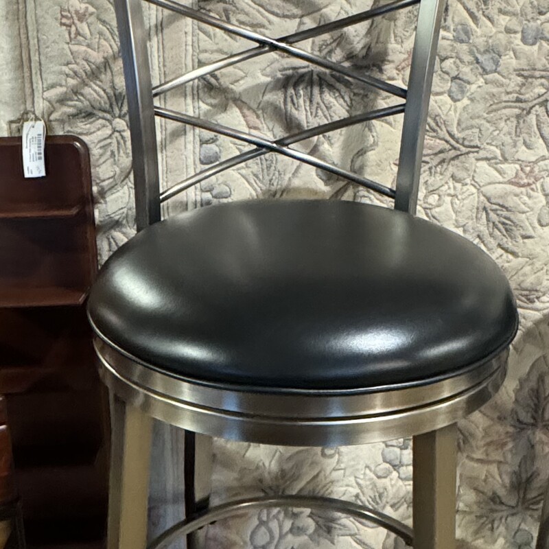 Black Leather & Steel Bar Stool
19 Inch Round Seat, 20 Inch Wide Back, 47 Inches High