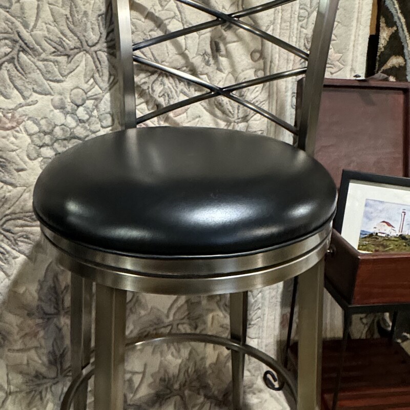 Black Leather & Steel Bar Stool
19 Inch Round Seat, 20 Inch Wide Back, 47 Inches High