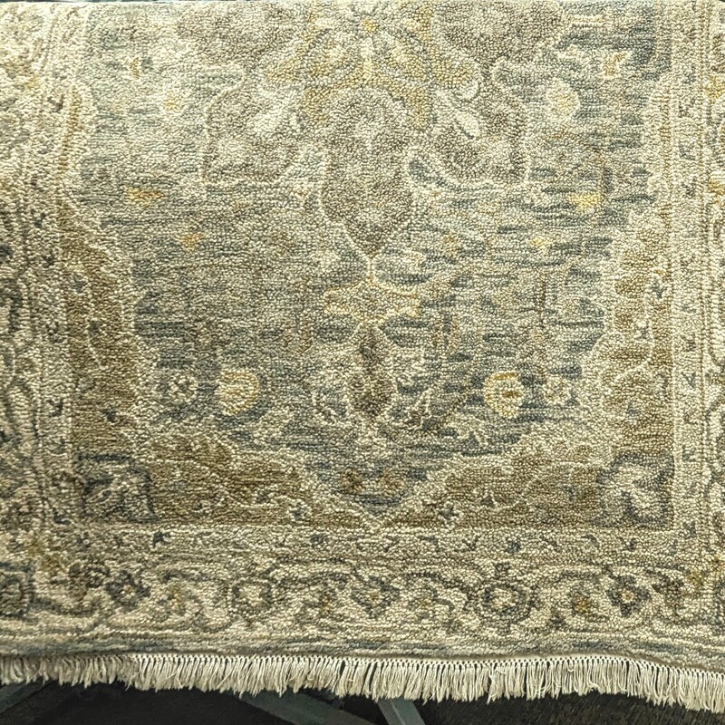 Magnolia Home Woven Wool Rug
Blue Grey Tan Cream Wool
Cream Fringe
Size: 5x7