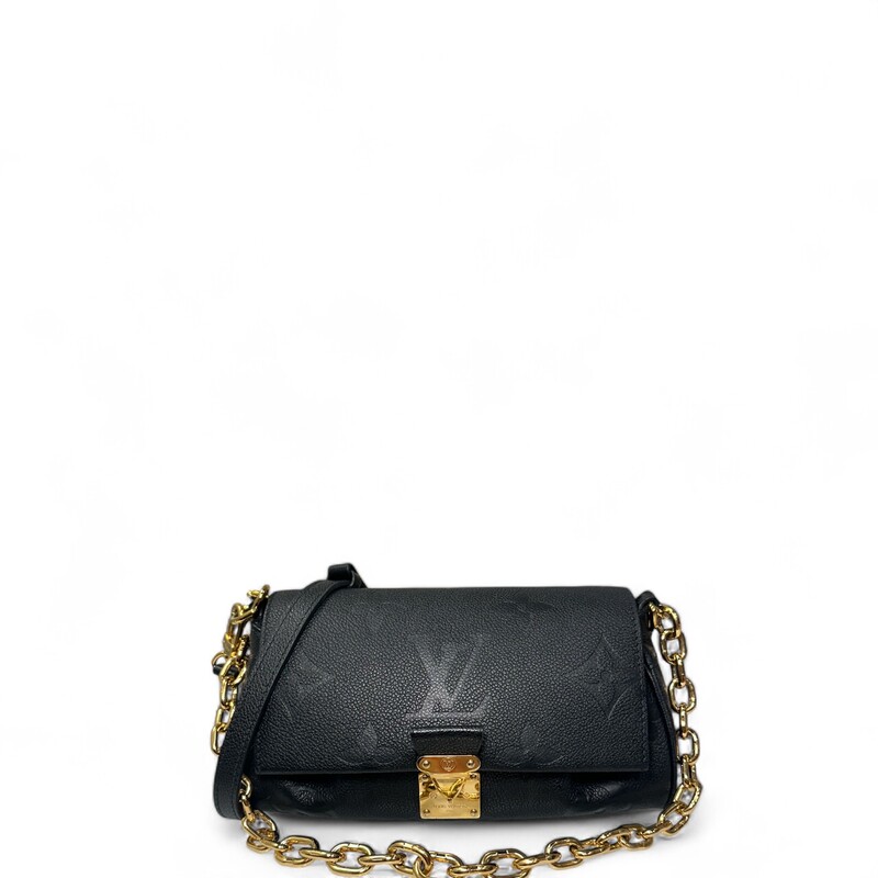 Louis Vuitton Favorite, Black, Size: OS

Dimensions:
9.4 x 5.5 x 3.5 inches
(Length x Height x Width)

Date Code: Chipped with entrupy

The Favorite is a fashionable bag made from supple grained leather with an oversized embossed Monogram pattern. Feminine pleats bring a couture touch while the gold-color magnetic lock evokes Louis Vuitton’s heritage. A removable and adjustable strap enables short-shoulder carry or cross-body wear while a bold detachable gold-color chain is a glamorous option for after dark.

Wear to hardware and interior.