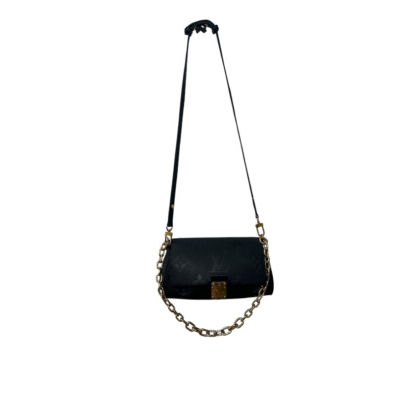 Louis Vuitton Favorite, Black, Size: OS<br />
<br />
Dimensions:<br />
9.4 x 5.5 x 3.5 inches<br />
(Length x Height x Width)<br />
<br />
Date Code: Chipped with entrupy<br />
<br />
The Favorite is a fashionable bag made from supple grained leather with an oversized embossed Monogram pattern. Feminine pleats bring a couture touch while the gold-color magnetic lock evokes Louis Vuitton’s heritage. A removable and adjustable strap enables short-shoulder carry or cross-body wear while a bold detachable gold-color chain is a glamorous option for after dark.<br />
<br />
Wear to hardware and interior.