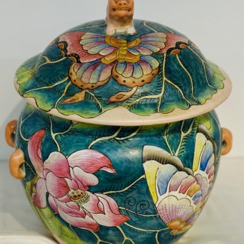 Chinese Butterfly Foo Dog Ginger Jar
Green Pink Yellow
Size: 9x12H