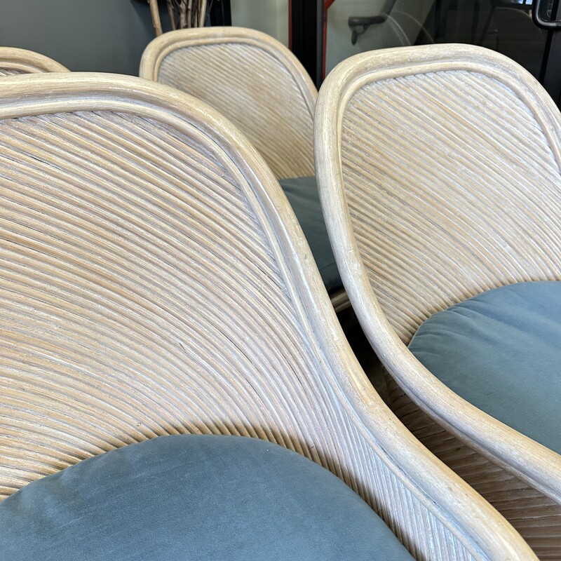 Four Vintage Coastal Rattan Chairs, Includes Blue Cushions. Sold together as a SET OF 4.